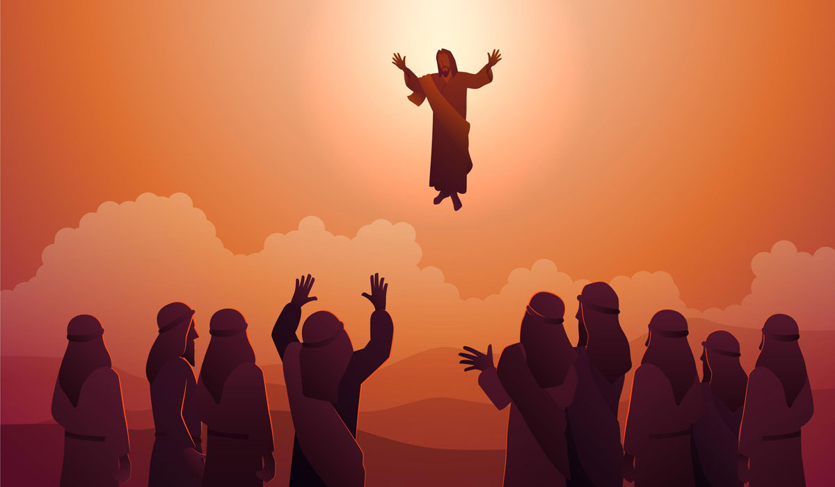 Illustration de l'élevation de Jésus au ciel et de ses disciples